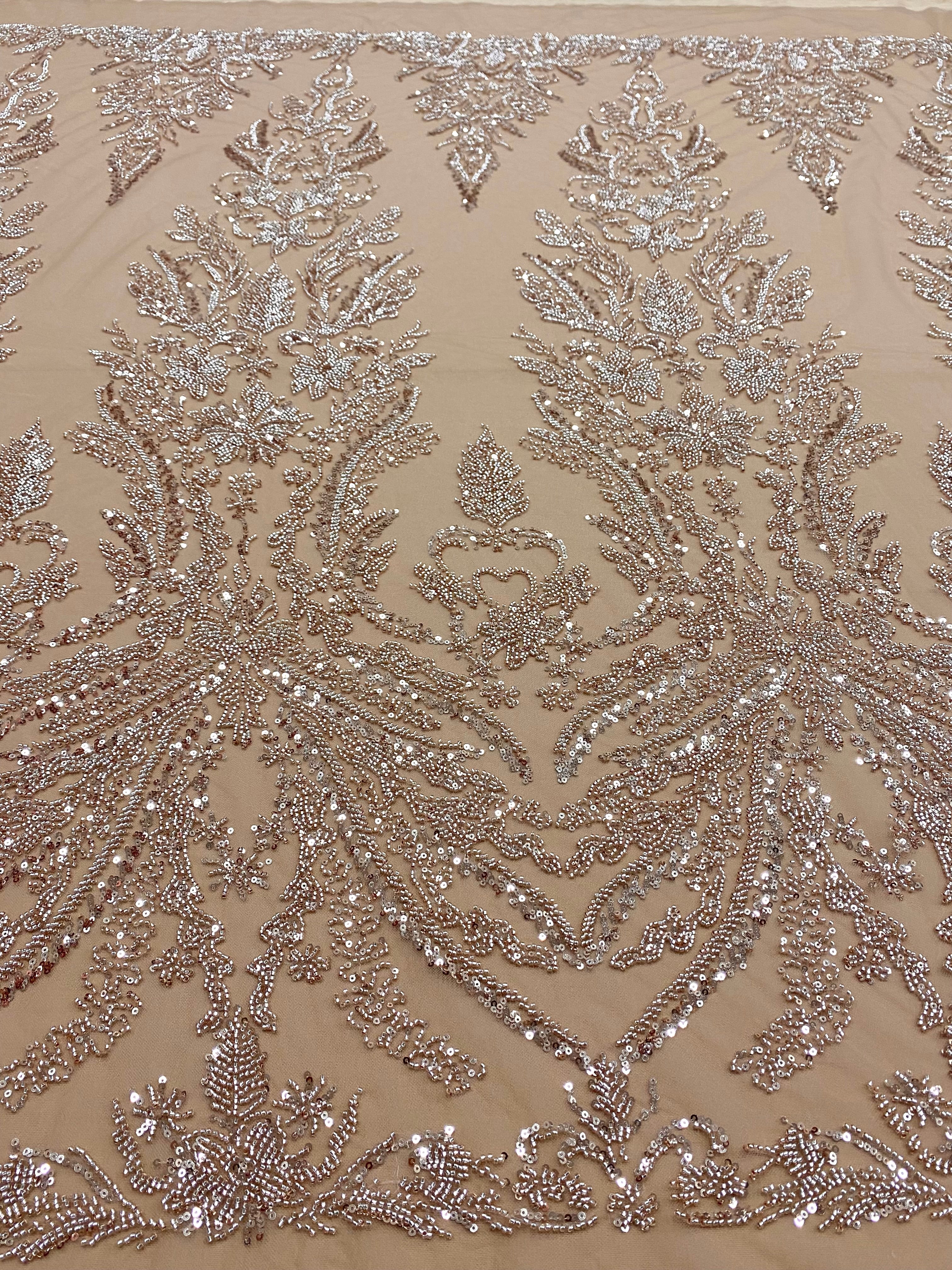 Csipke Couture Arany Rózsa Virágmintával, Gyöngyökkel és Flitterekkel