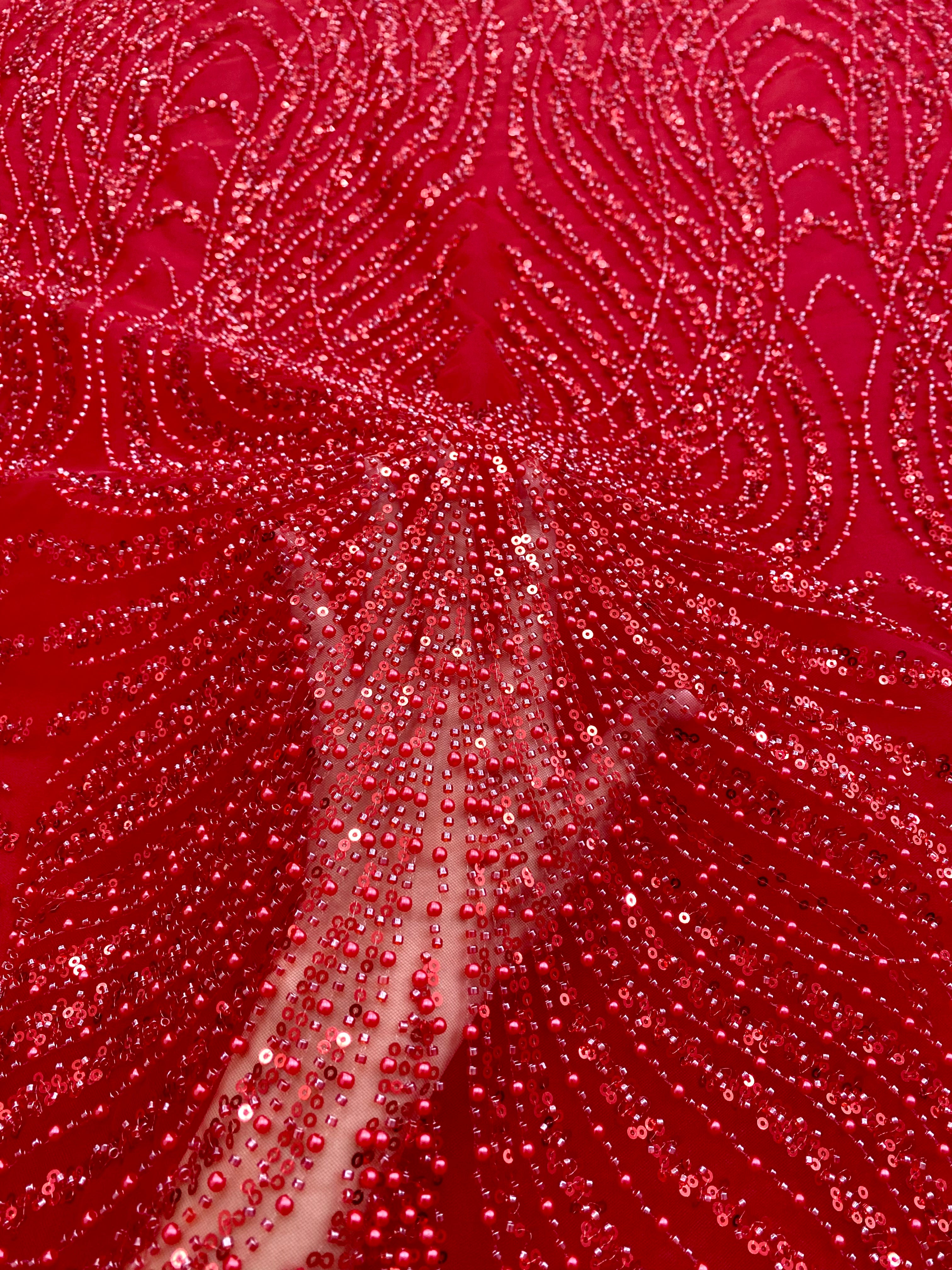Dantela Couture Rosie cu Panou, cu Perle, Margele si Paiete
