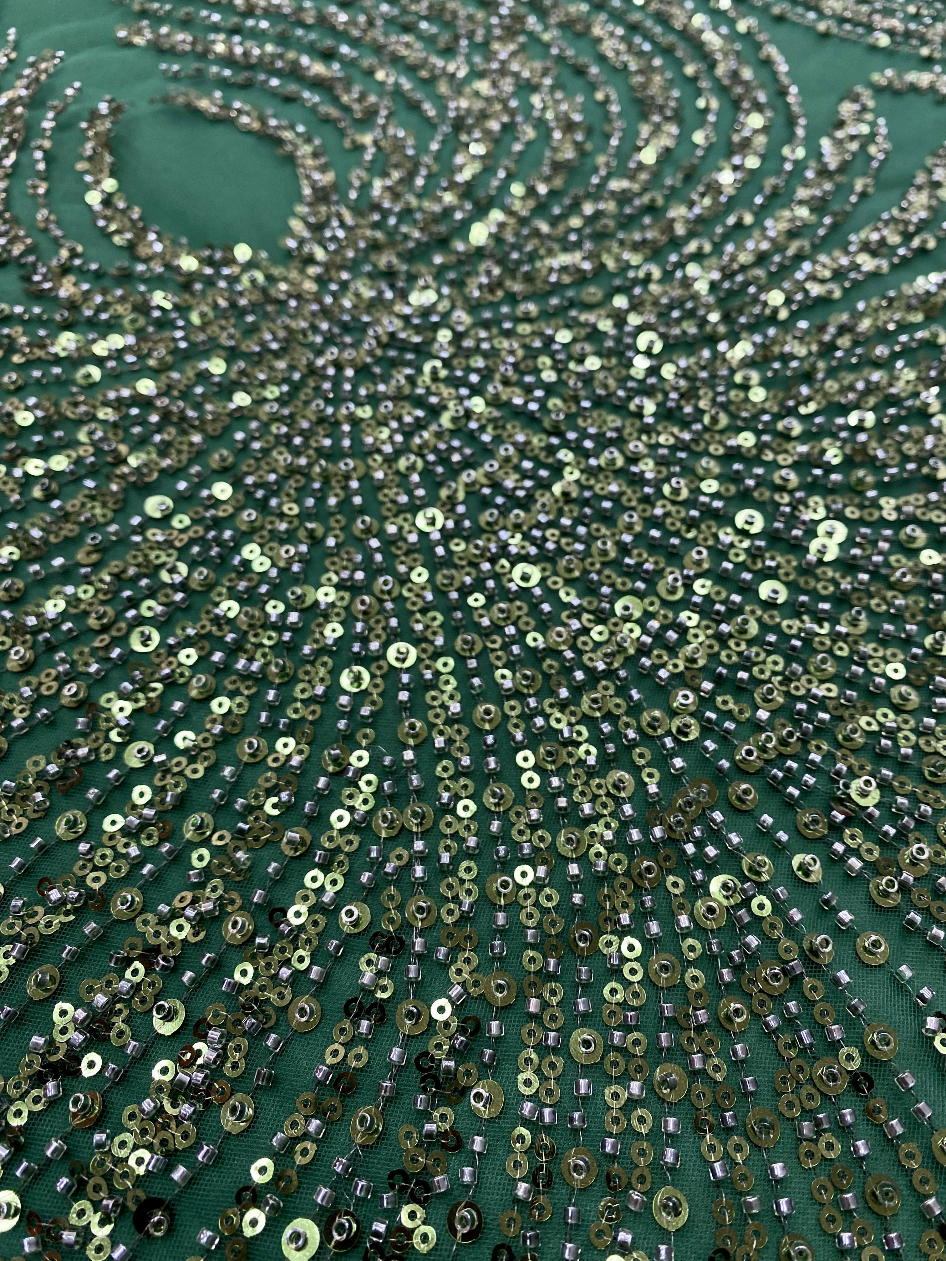 Dantela Couture Verde Smarald cu Panou, cu Margele si Paiete
