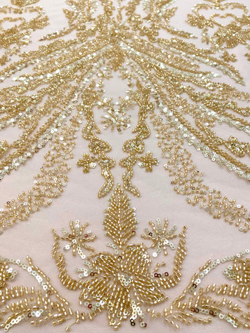 Dantela Couture Aurie cu Model Floral, cu Perle, Margele si Paiete