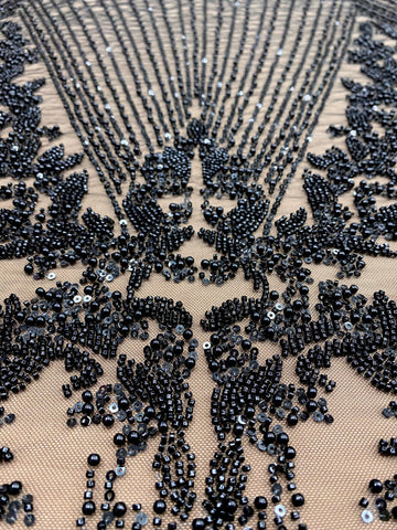 Dantela Couture Neagra cu Model Geometric, cu Perle, Margele si Paiete