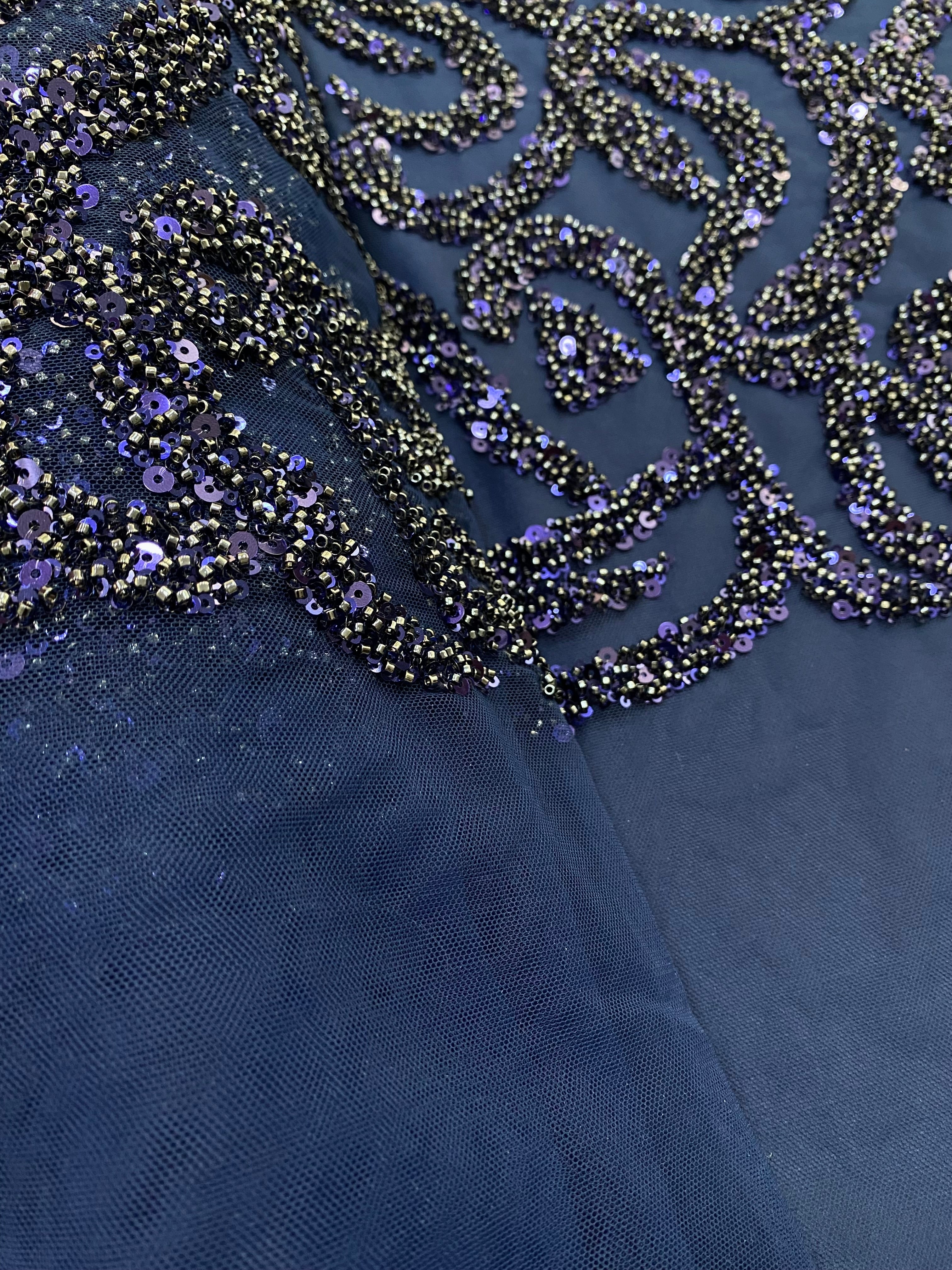 Dantela Couture Bleumarin cu Model Geometric, cu Margele si Paiete