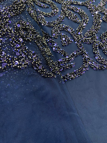 Dantela Couture Bleumarin cu Model Geometric, cu Margele si Paiete