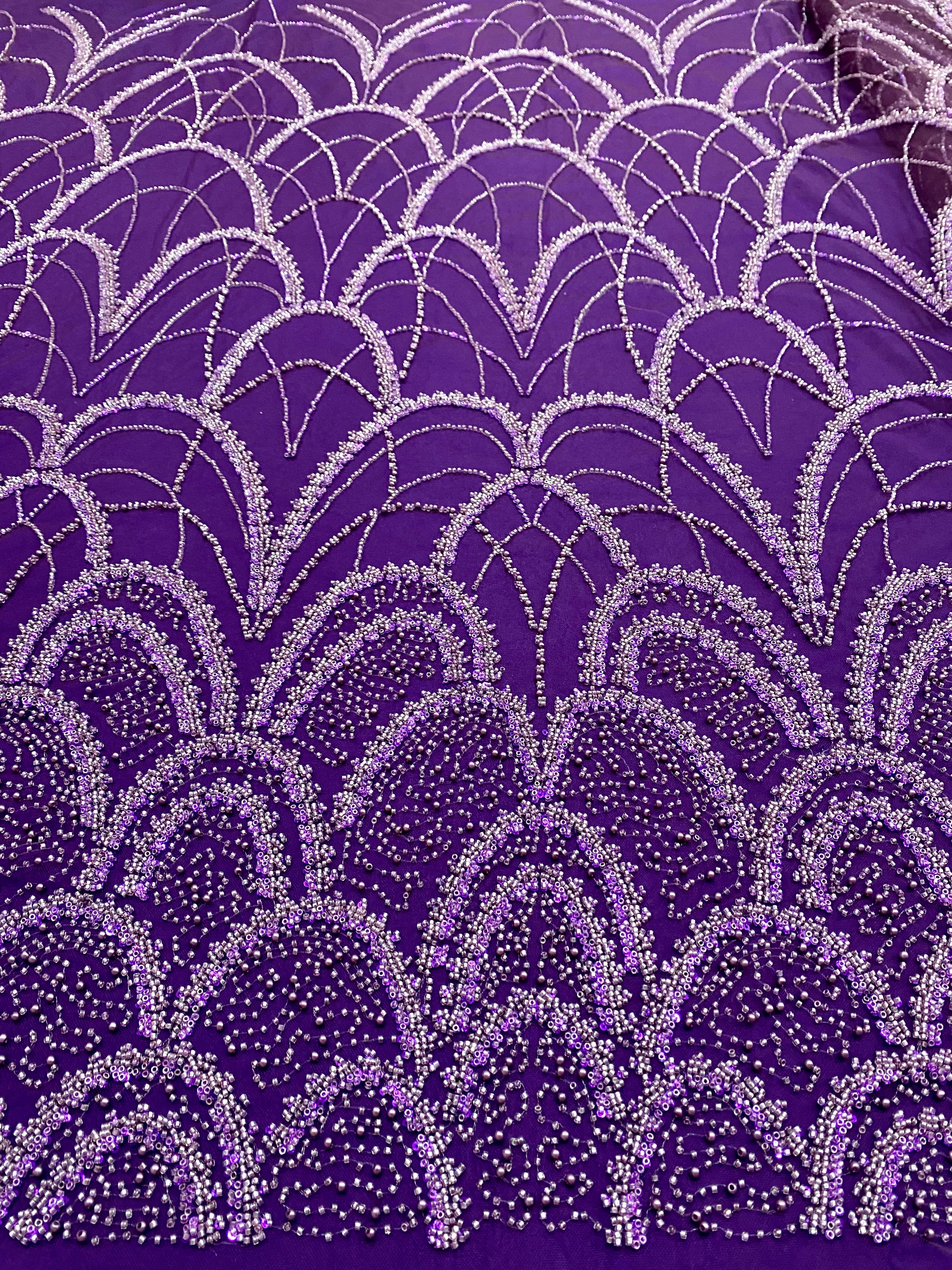Dantela Couture Mov Inchis cu Model Geometric, cu Perle, Margele si Paiete