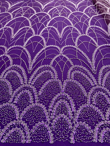 Dantela Couture Mov Inchis cu Model Geometric, cu Perle, Margele si Paiete