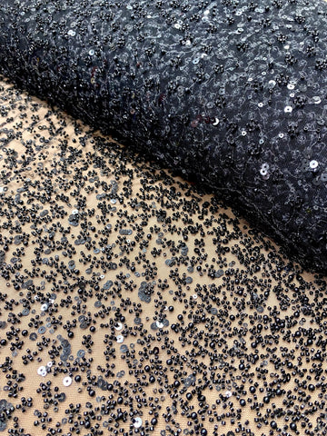 Dantela Couture Neagra in Degrade, cu Perle, Margele si Paiete