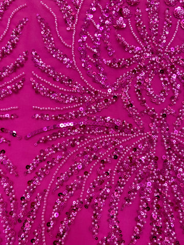 Dantela Couture Fucsia geometriai mintával, gyöngyökkel és flitterekkel