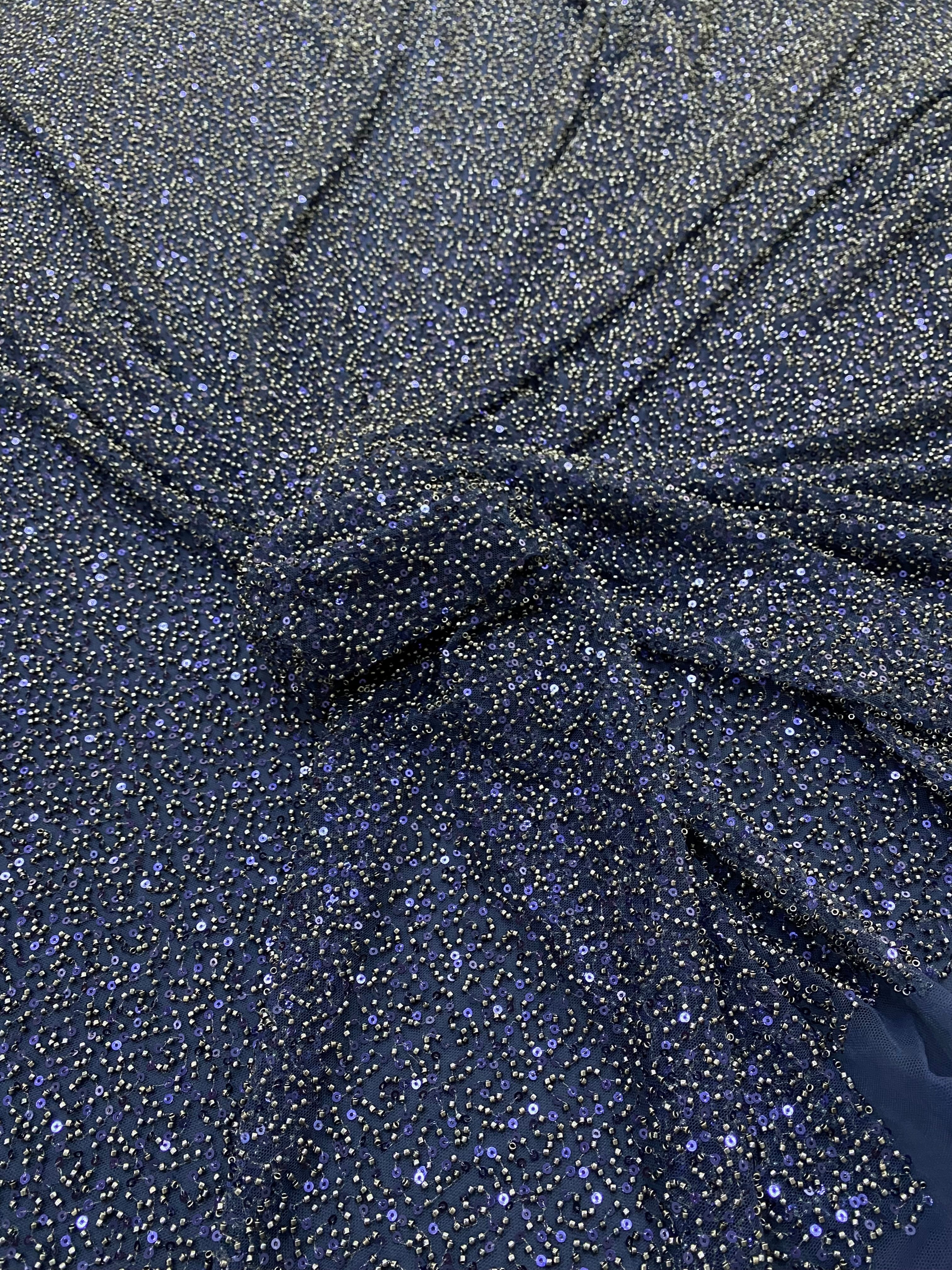 Dantela Couture Tengerészkék Általános Mintával, Gyöngyökkel és Flitterekkel