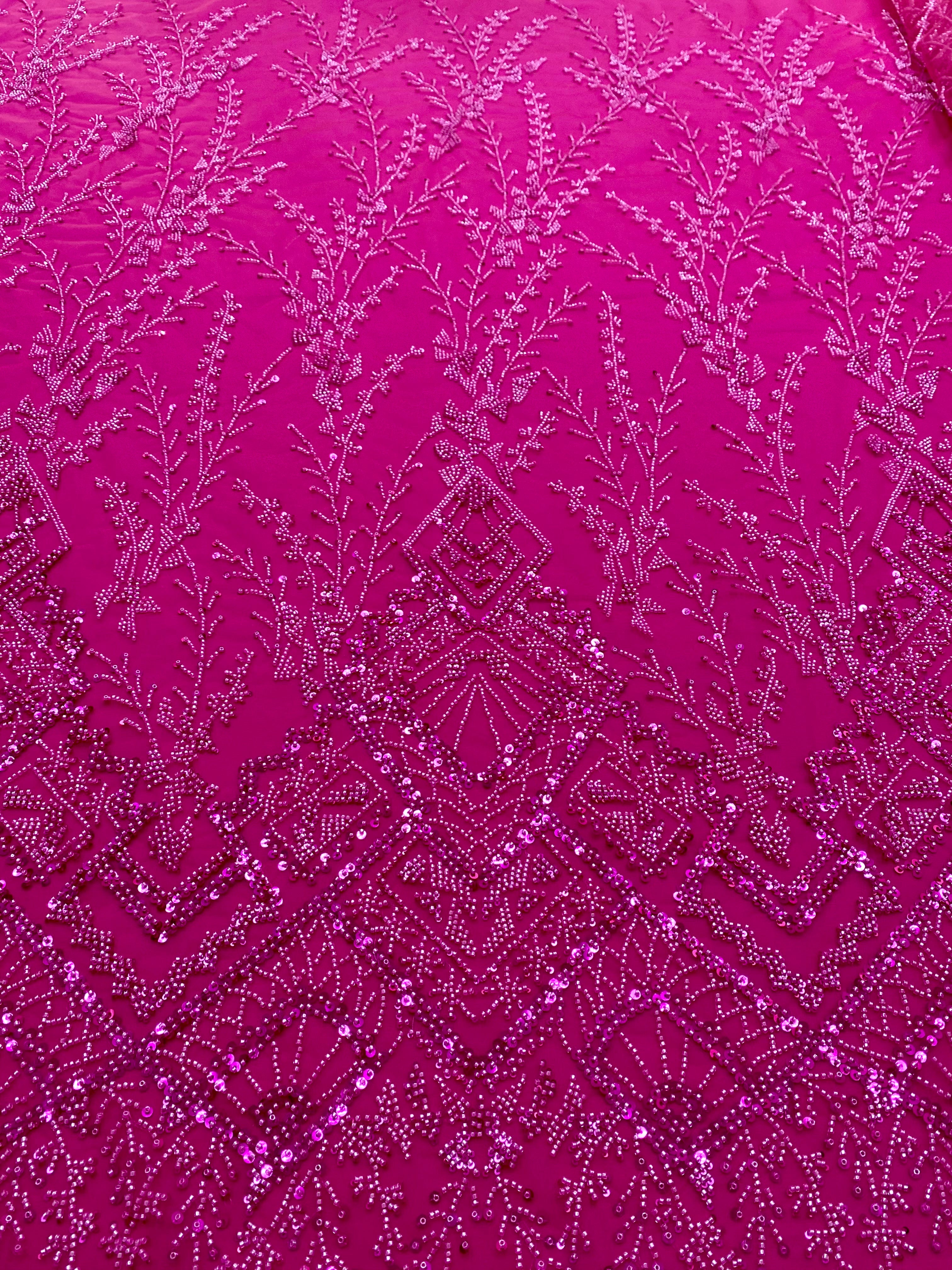 Dantela Couture Fucsia cu Model Geometric, cu Margele si Paiete