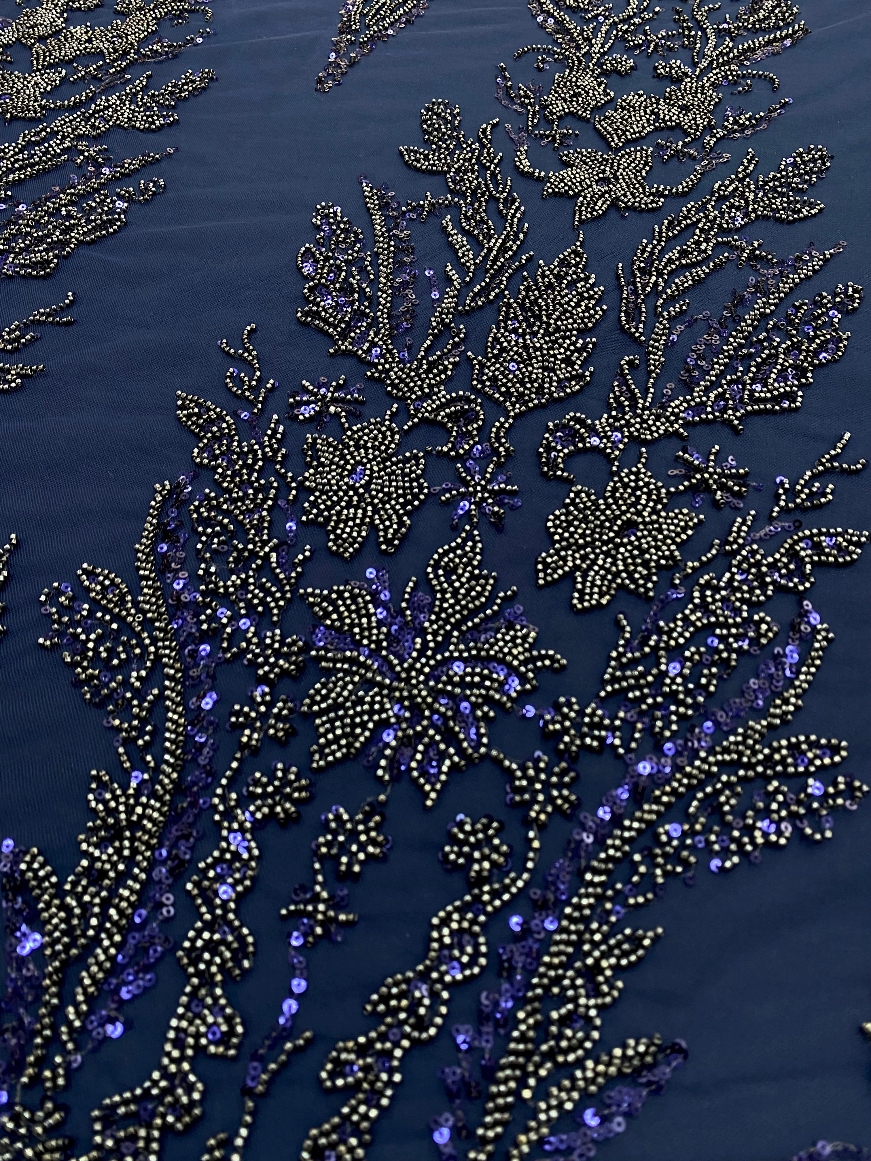 Dantela Couture Bleumarin cu Model Floral, cu Margele si Paiete