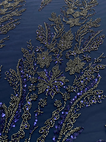 Dantela Couture Bleumarin cu Model Floral, cu Margele si Paiete