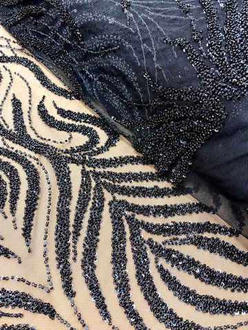 Dantela Couture Neagra cu Model Geometric, cu Margele si Paiete