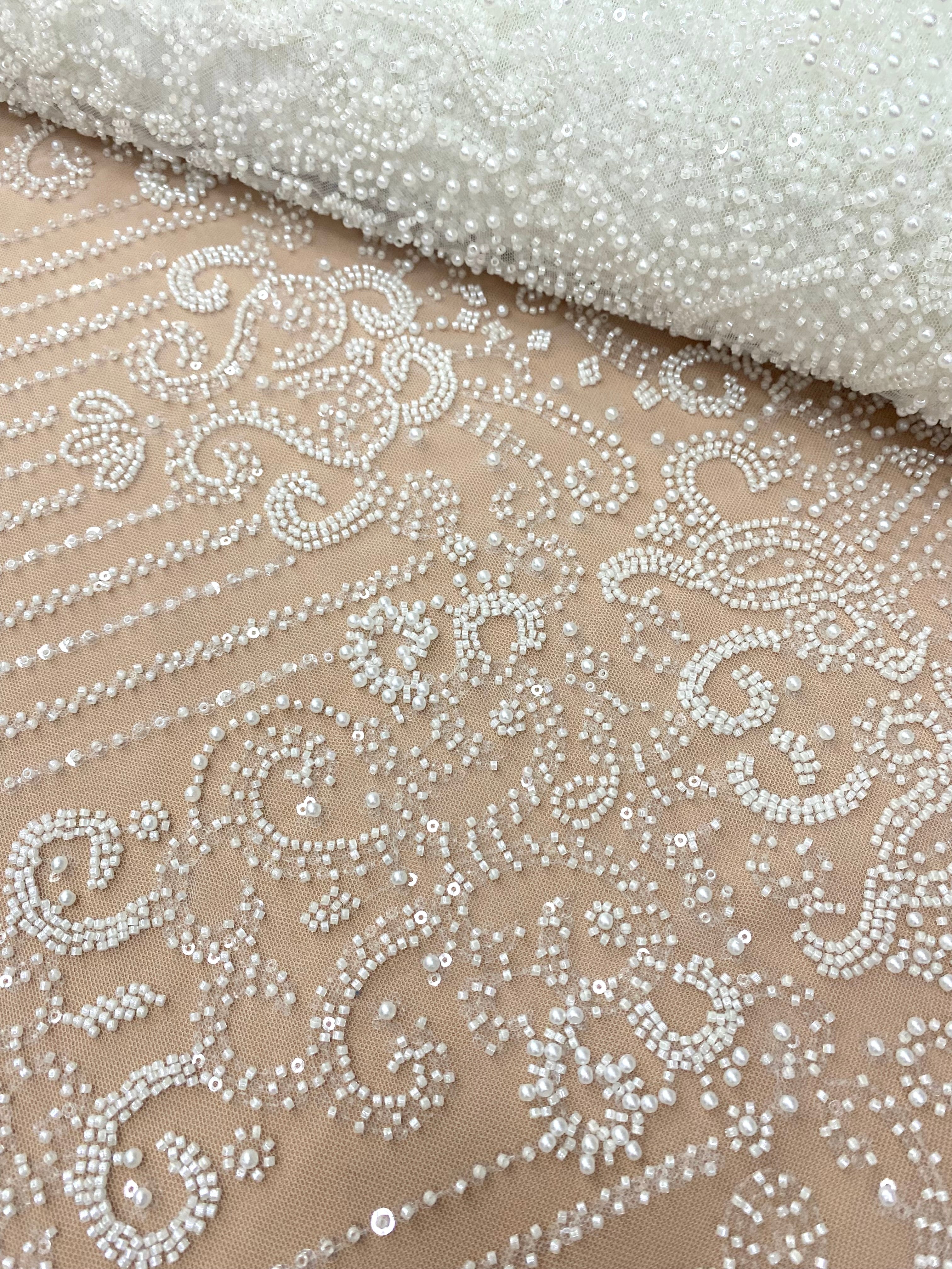 Dantela Couture Ivory cu Model Geometric, cu Perle, Margele si Paiete