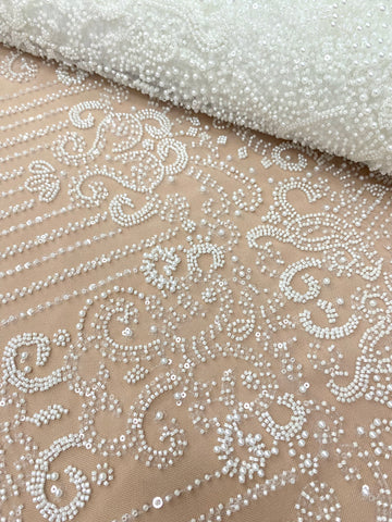 Dantela Couture Ivory cu Model Geometric, cu Perle, Margele si Paiete