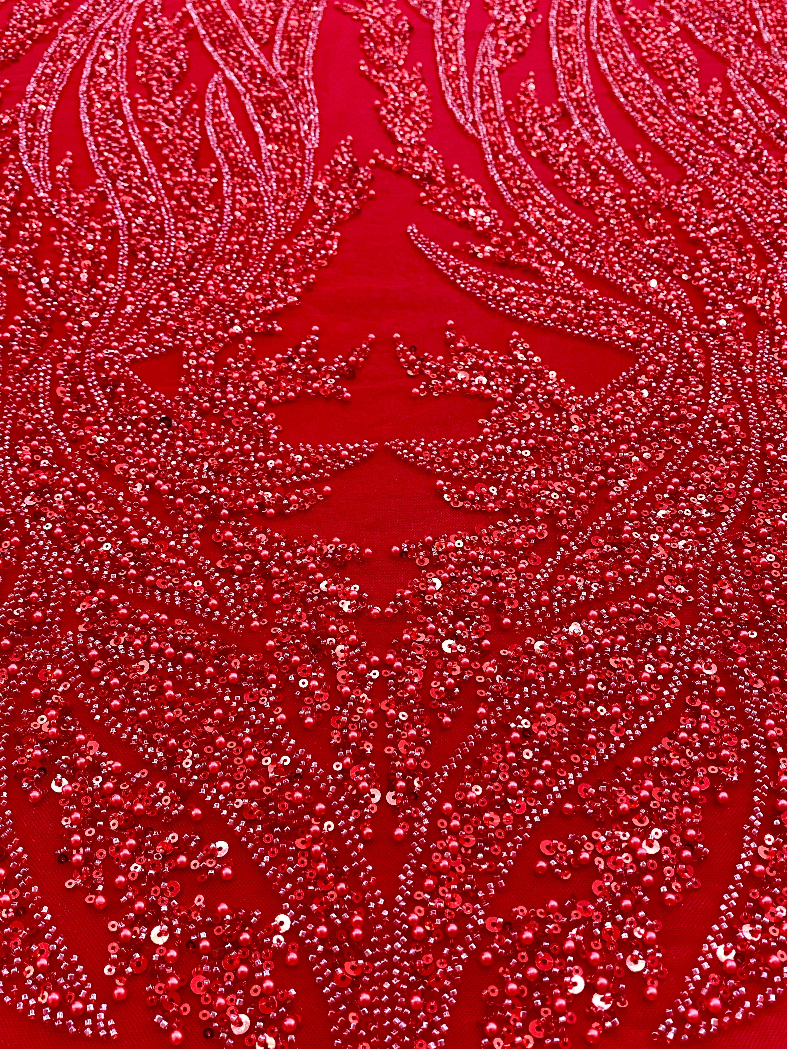 Piros Couture csipke geometriai mintával, gyöngyökkel, gyöngyöcskékkel és flitterekkel