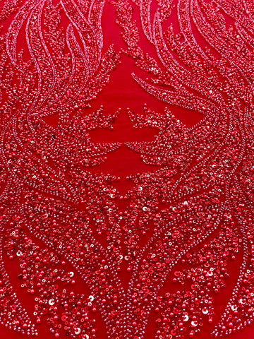 Piros Couture csipke geometriai mintával, gyöngyökkel, gyöngyöcskékkel és flitterekkel