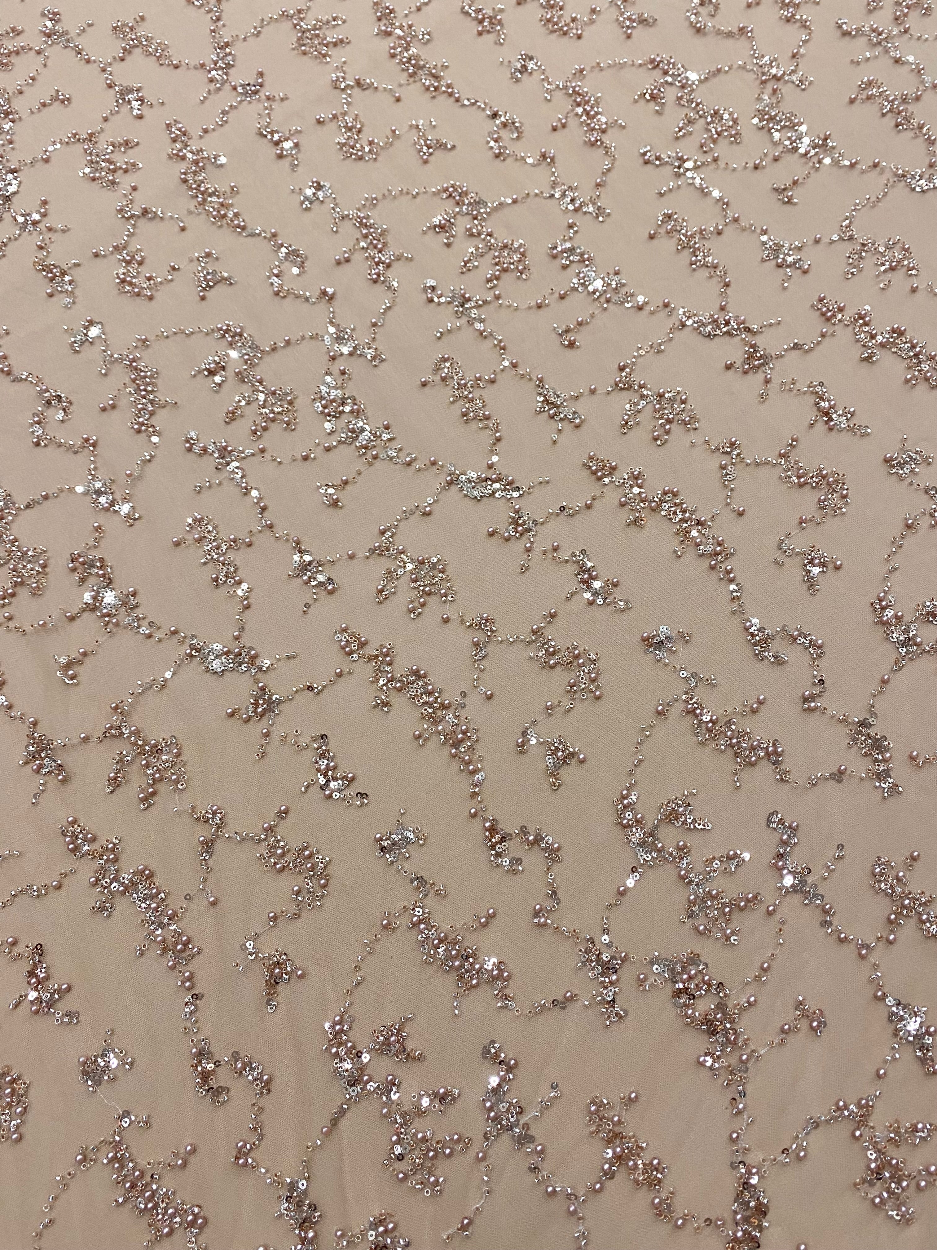 Dantela Couture Auriu Rose cu Perle, Margele si Paiete