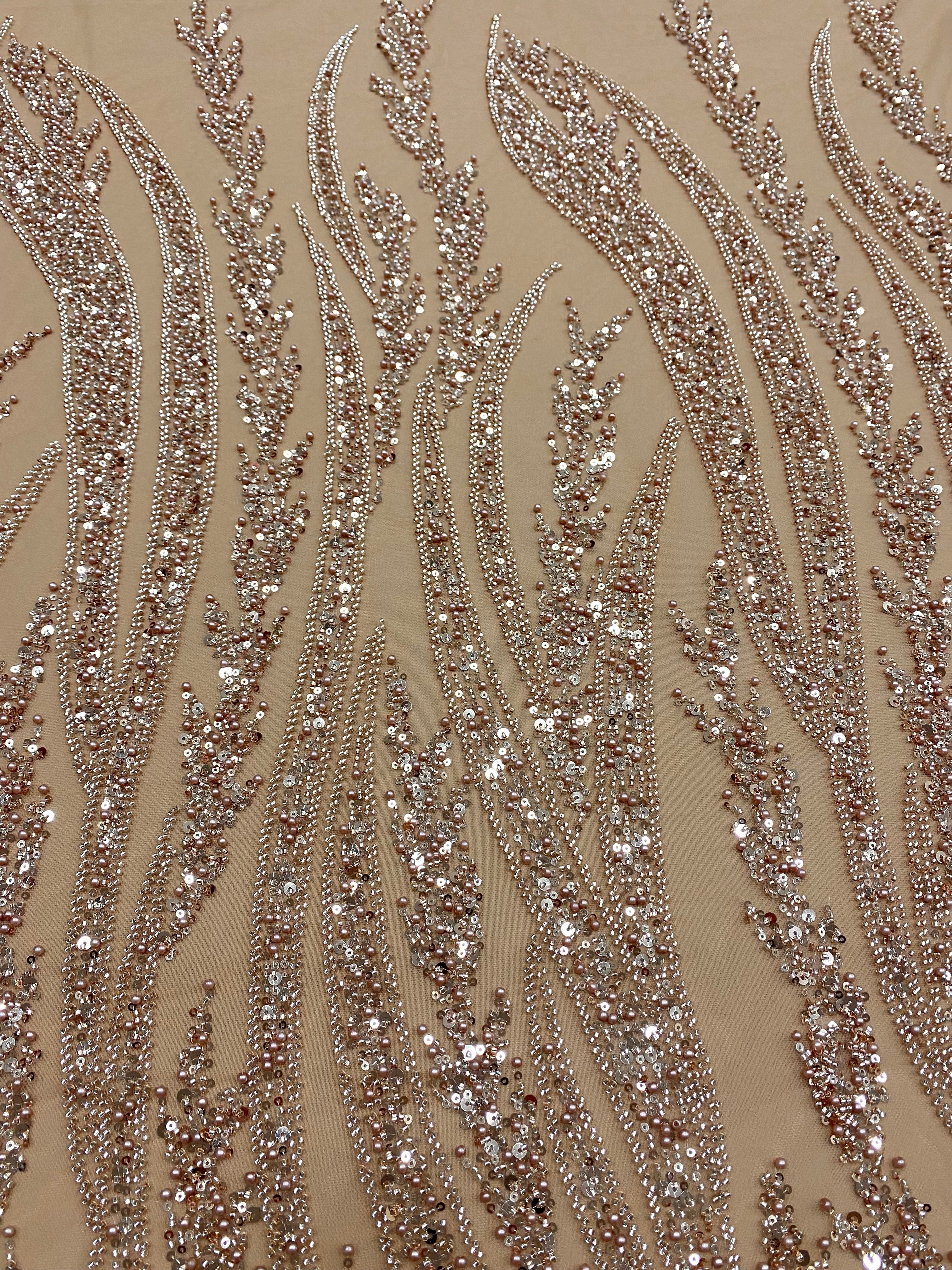 Dantela Couture Auriu Rose cu Panou, cu Perle, Margele si Paiete