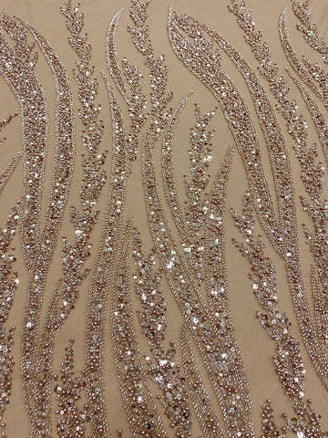 Dantela Couture Auriu Rose cu Panou, cu Perle, Margele si Paiete
