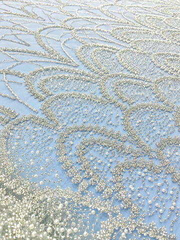 Dantela Couture Argintie cu Tulle Baby Blue cu Model Geometric, cu Perle, Margele Si Paiete