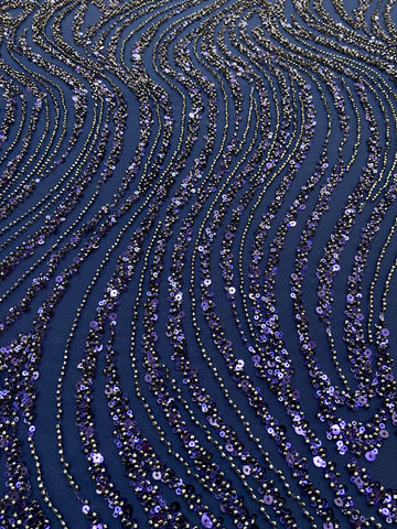 Dantela Couture Bleumarin cu Model Liniar, cu Margele si Paiete