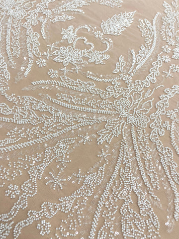 Dantela Couture Ivory cu Model Floral, cu Margele si Paiete