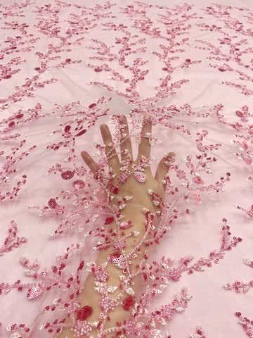 Dantela Couture Roz cu Model Floral, cu Margele si Paiete