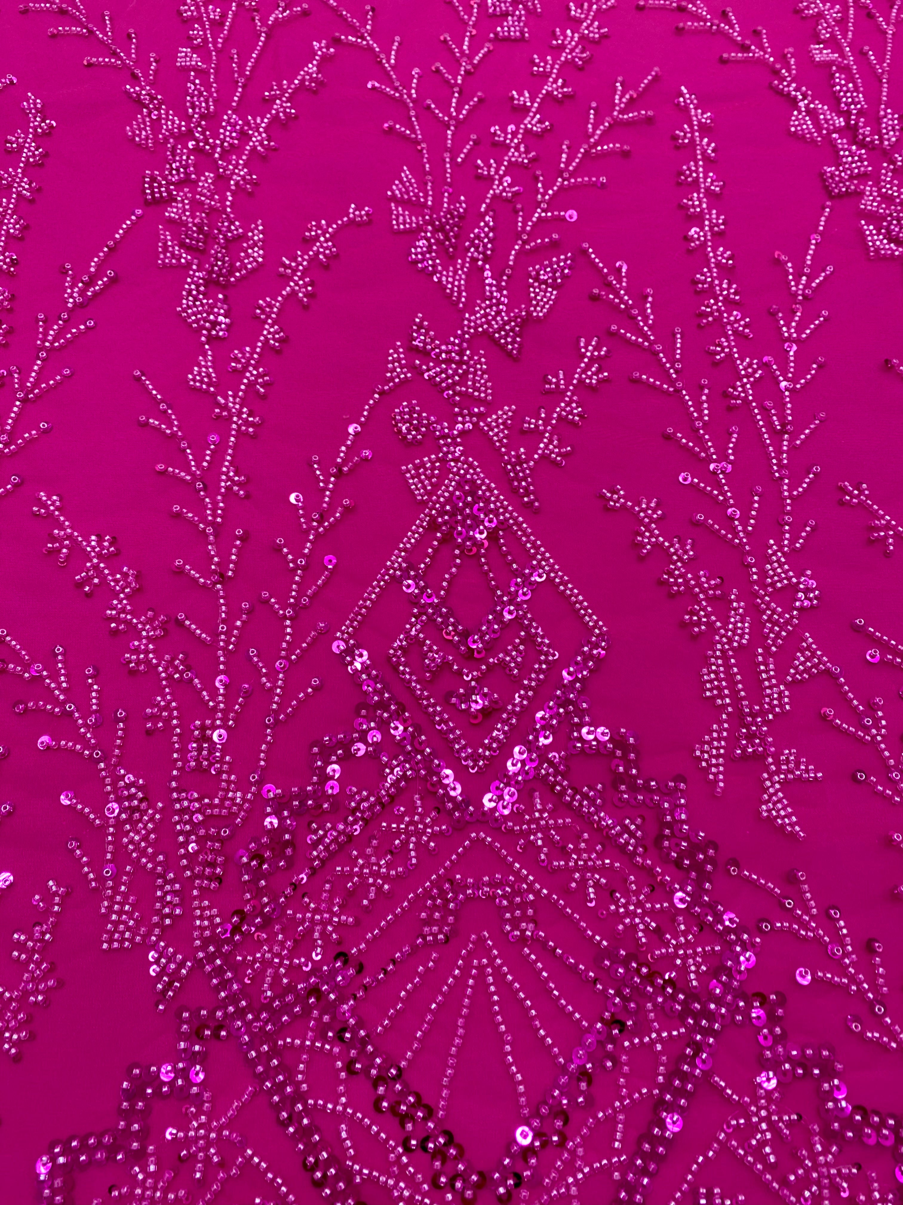 Dantela Couture Fucsia cu Model Geometric, cu Margele si Paiete