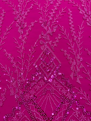 Dantela Couture Fucsia cu Model Geometric, cu Margele si Paiete