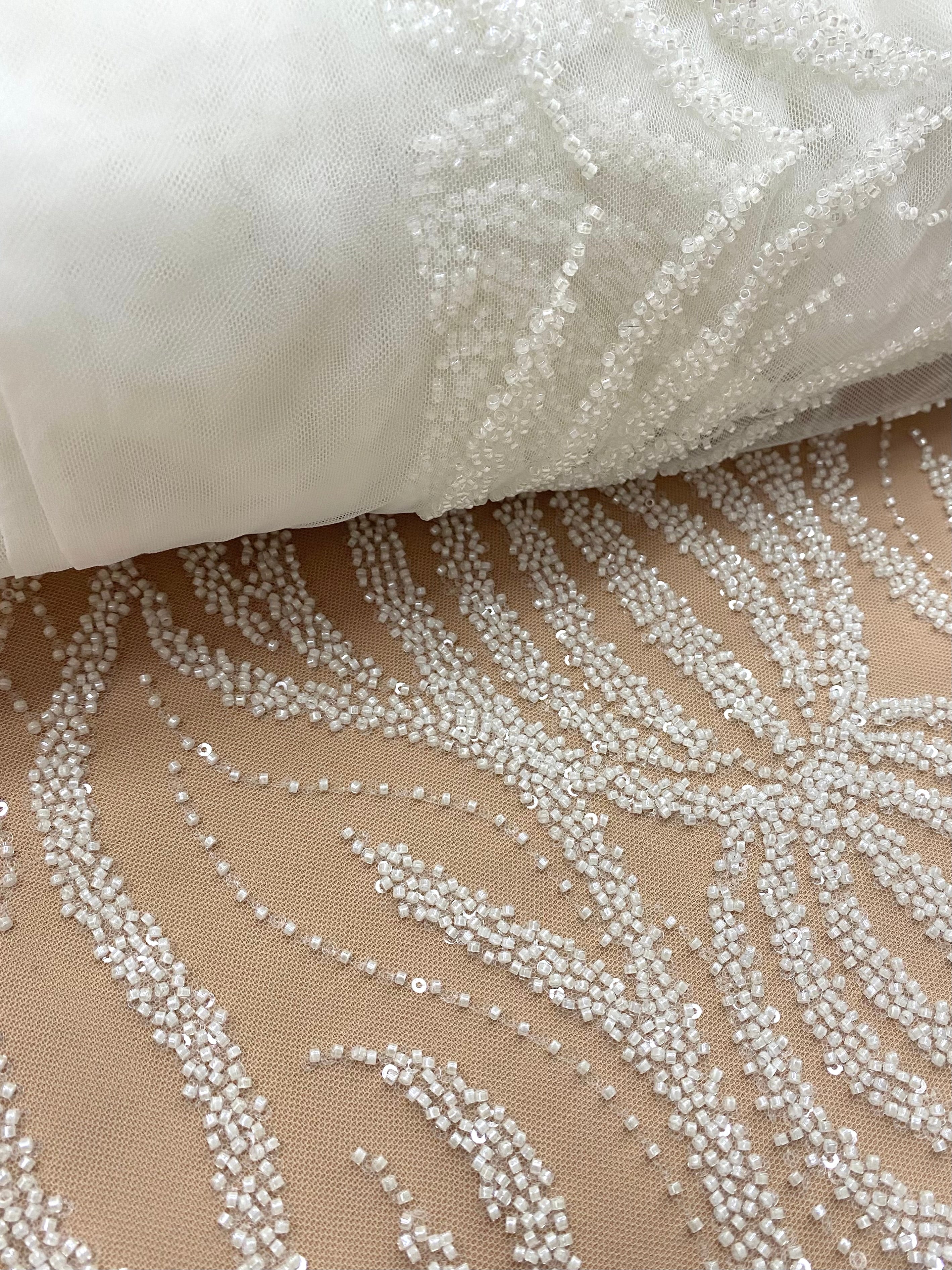 Dantela Couture Ivory cu Model Geometric, cu Margele si Paiete