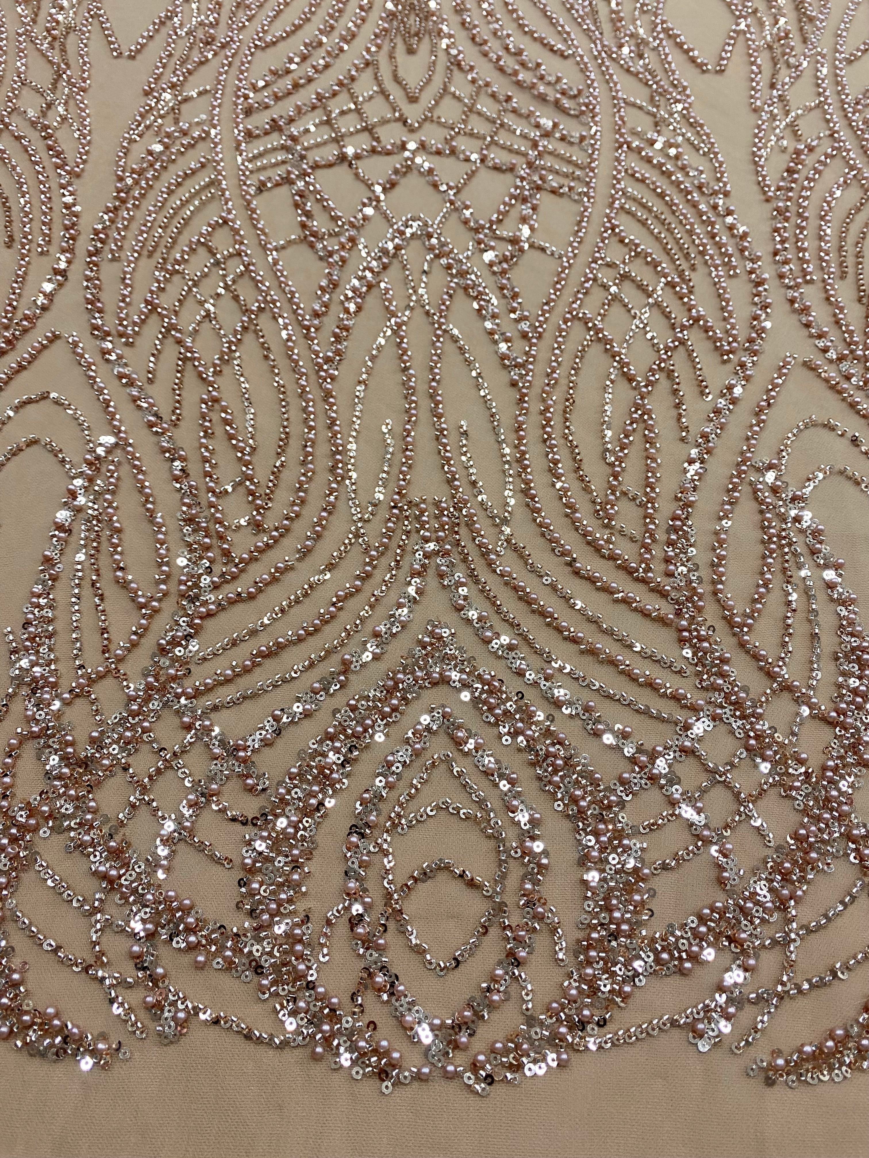 Dantela Couture Auriu Rose cu Perle, Margele si Paiete