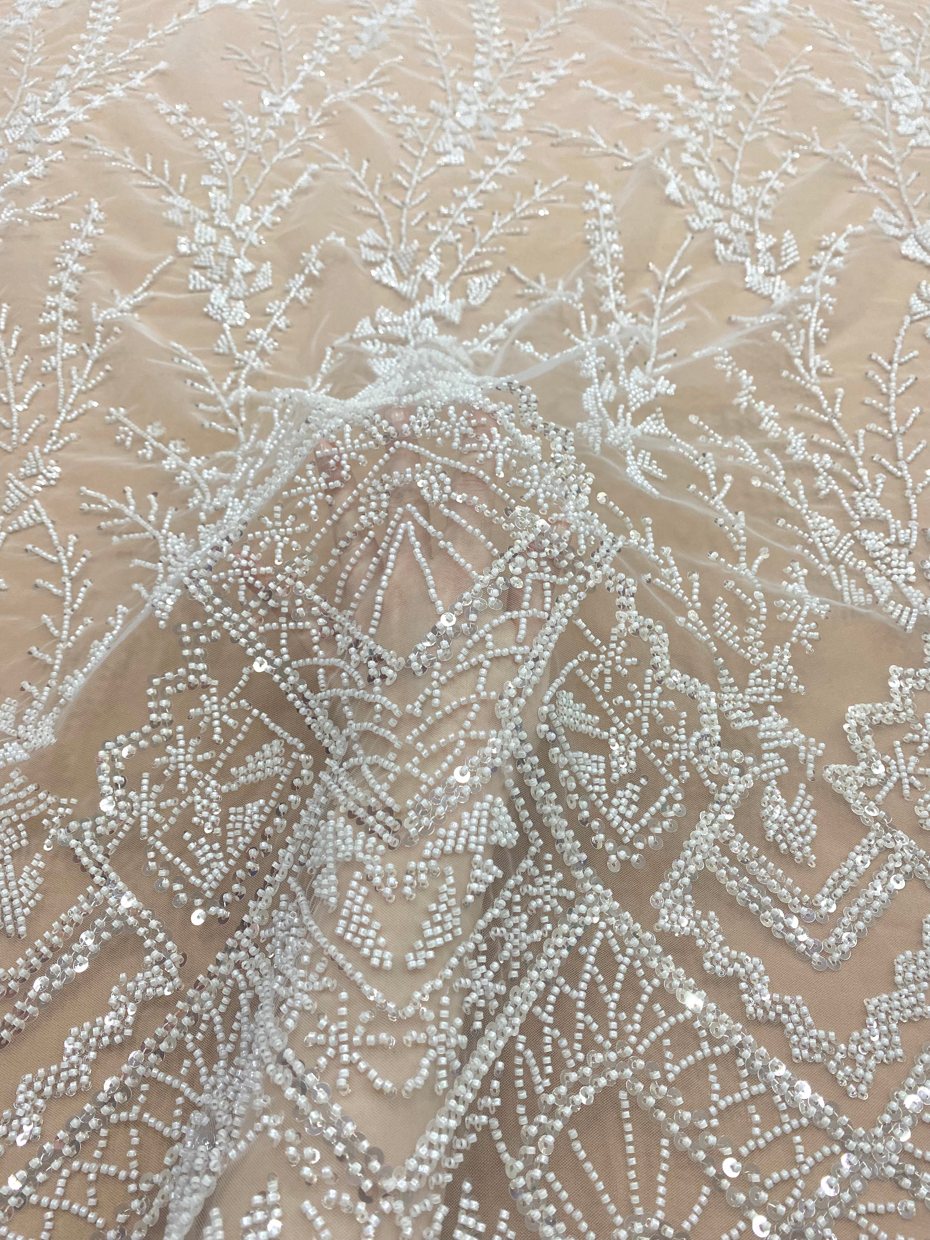 Dantela Couture Ivory cu Model Geometric, cu Margele si Paiete