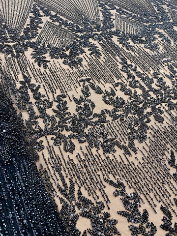 Dantela Couture Neagra cu Model Geometric, cu Perle, Margele si Paiete