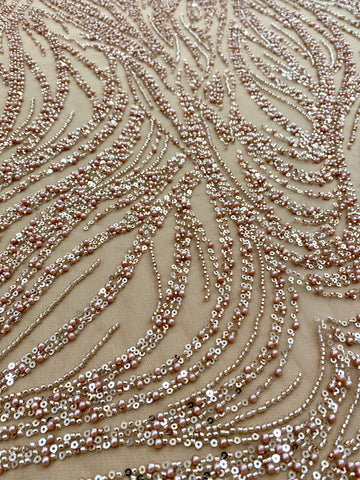Dantela Couture Auriu Rose cu Model Liniar, cu Margele si Paiete
