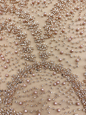 Dantela Couture Auriu Rose cu Model Geometric, cu Perle, Margele si Paiete