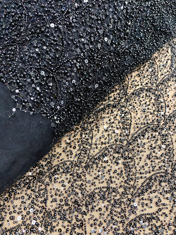 Dantela Couture Neagra cu Model Geometric, cu Perle, Margele si Paiete