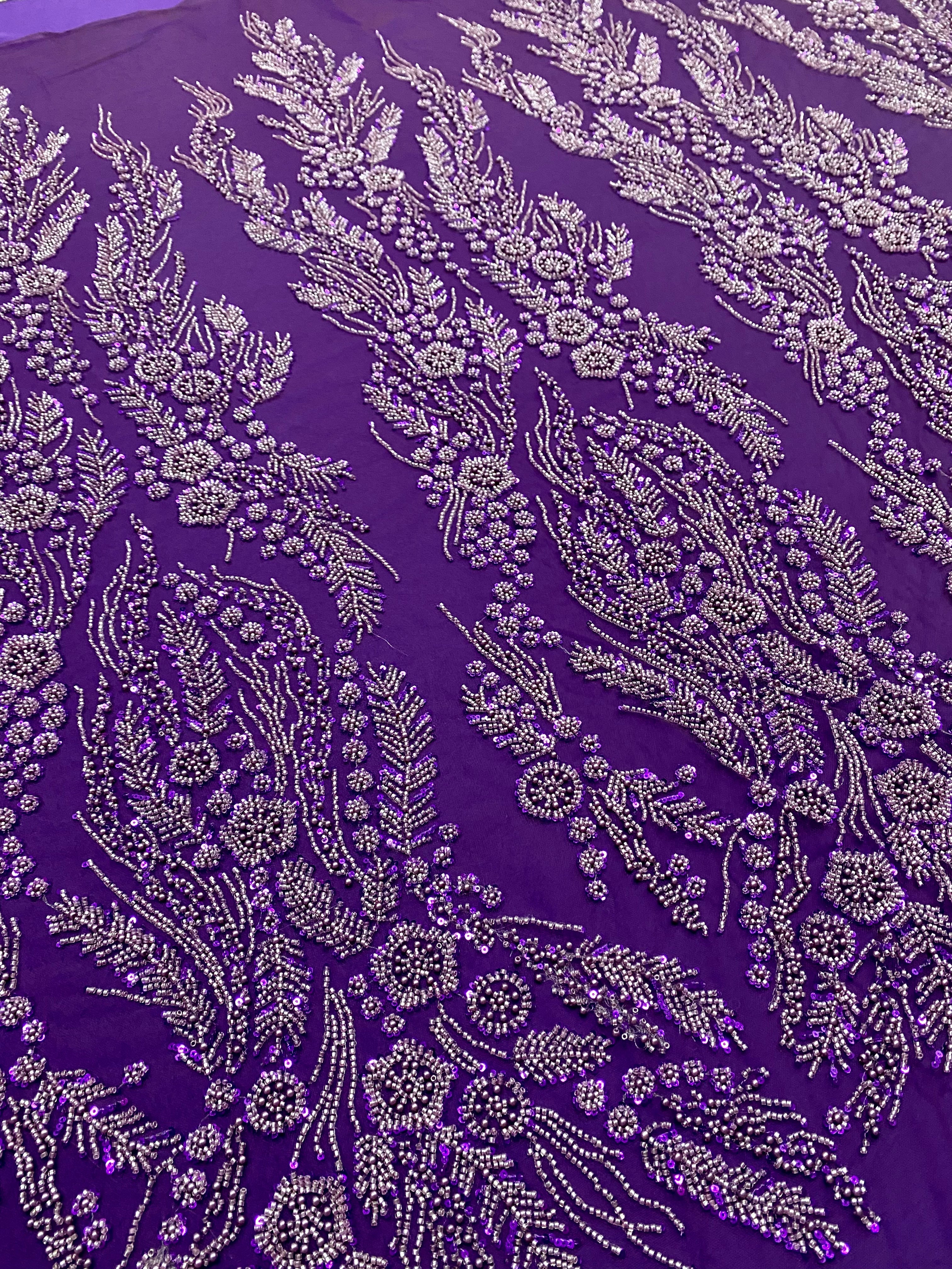 Dantela Couture Mov Inchis cu Model Floral, Perle, Margele si Paiete