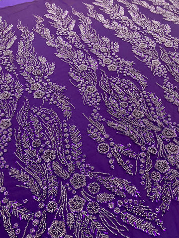 Dantela Couture Mov Inchis cu Model Floral, Perle, Margele si Paiete