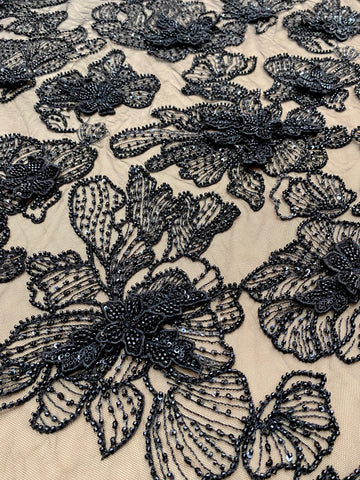 Csipke Couture 3D antracitszürke virágokkal, gyöngyökkel és flitterekkel