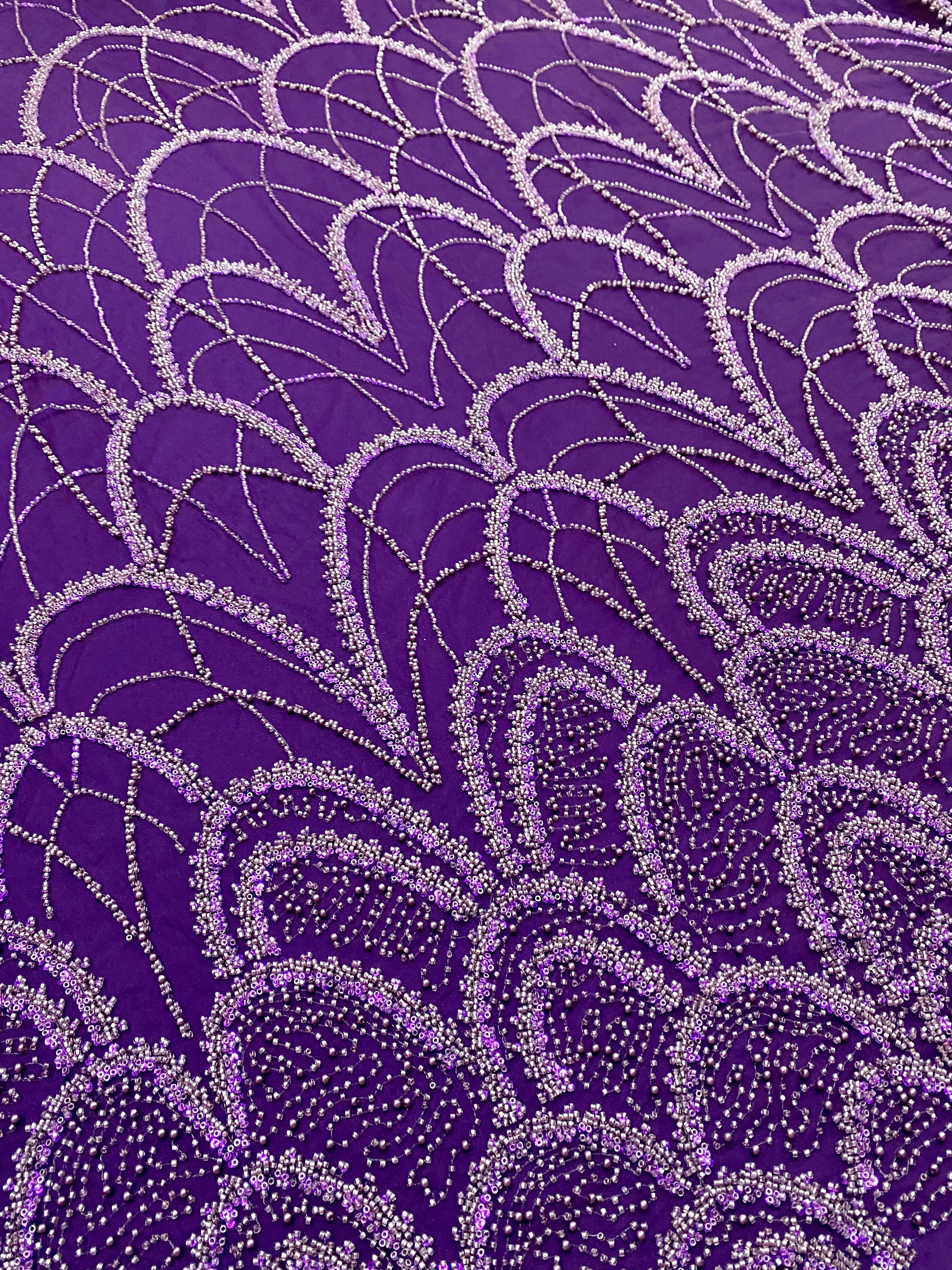 Dantela Couture Mov Inchis cu Model Geometric, cu Perle, Margele si Paiete