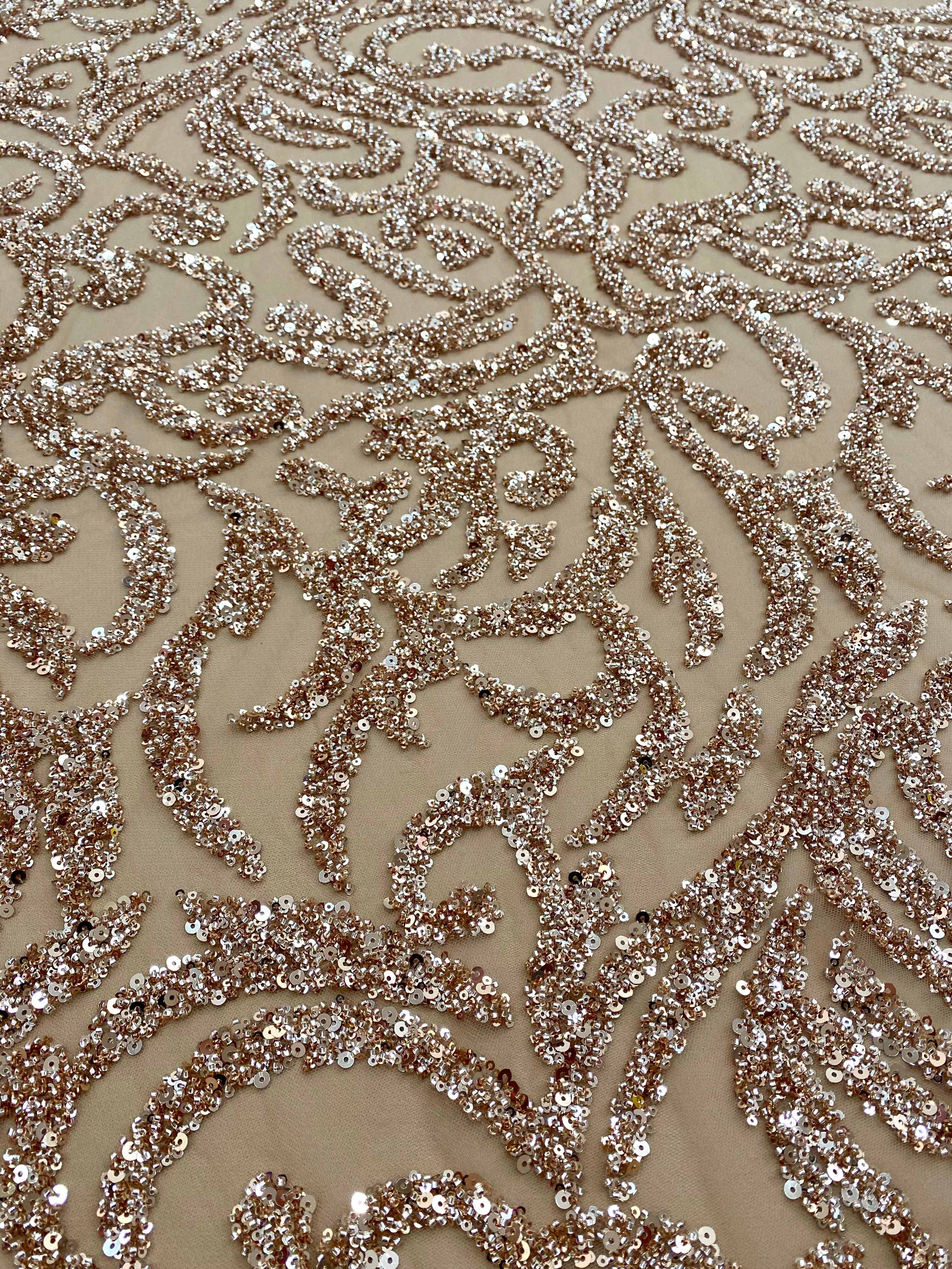 Dantela Couture Auriu Rose cu Model Geometric, cu Margele si Paiete
