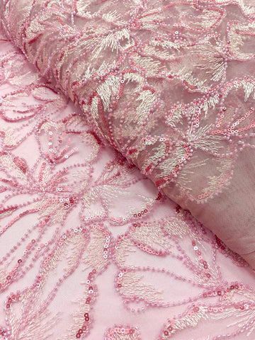 Dantela Couture Roz cu Model Floral, cu Margele si Paiete