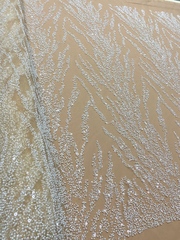 Dantela Couture Ivory cu Tulle Nude cu Perle, Margele si Paiete