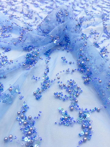 Dantela Couture Sky Blue cu Perle, Margele si Paiete