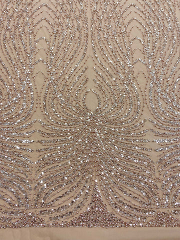 Dantela Couture Auriu Rose cu Panou, cu Perle, Margele si Paiete