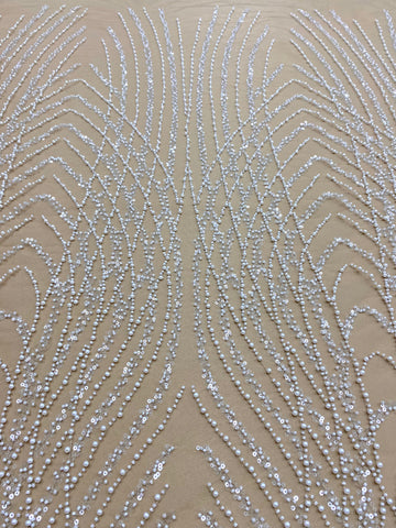 Dantela Couture Ivory cu Tulle Nude cu Panou, cu Perle, Margele si Paiete