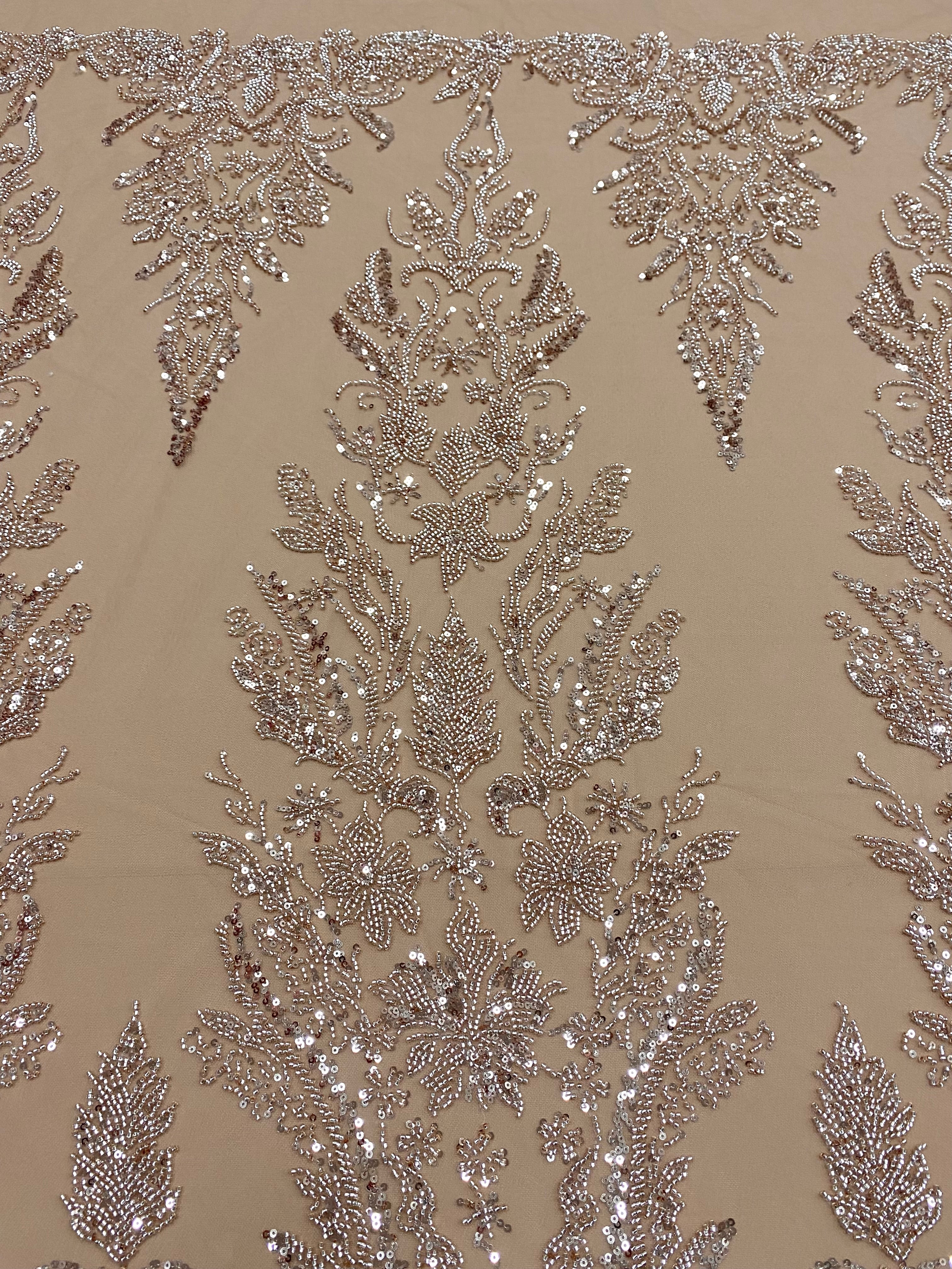 Csipke Couture Arany Rózsa Virágmintával, Gyöngyökkel és Flitterekkel