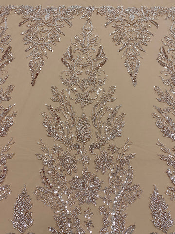 Csipke Couture Arany Rózsa Virágmintával, Gyöngyökkel és Flitterekkel