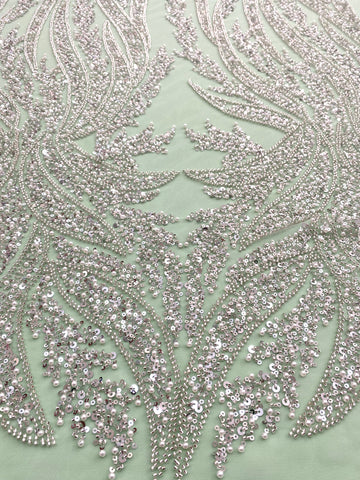 Dantela Couture Argintie pe Tulle Verde Menta cu Panou, cu Perle, Margele si Paiete