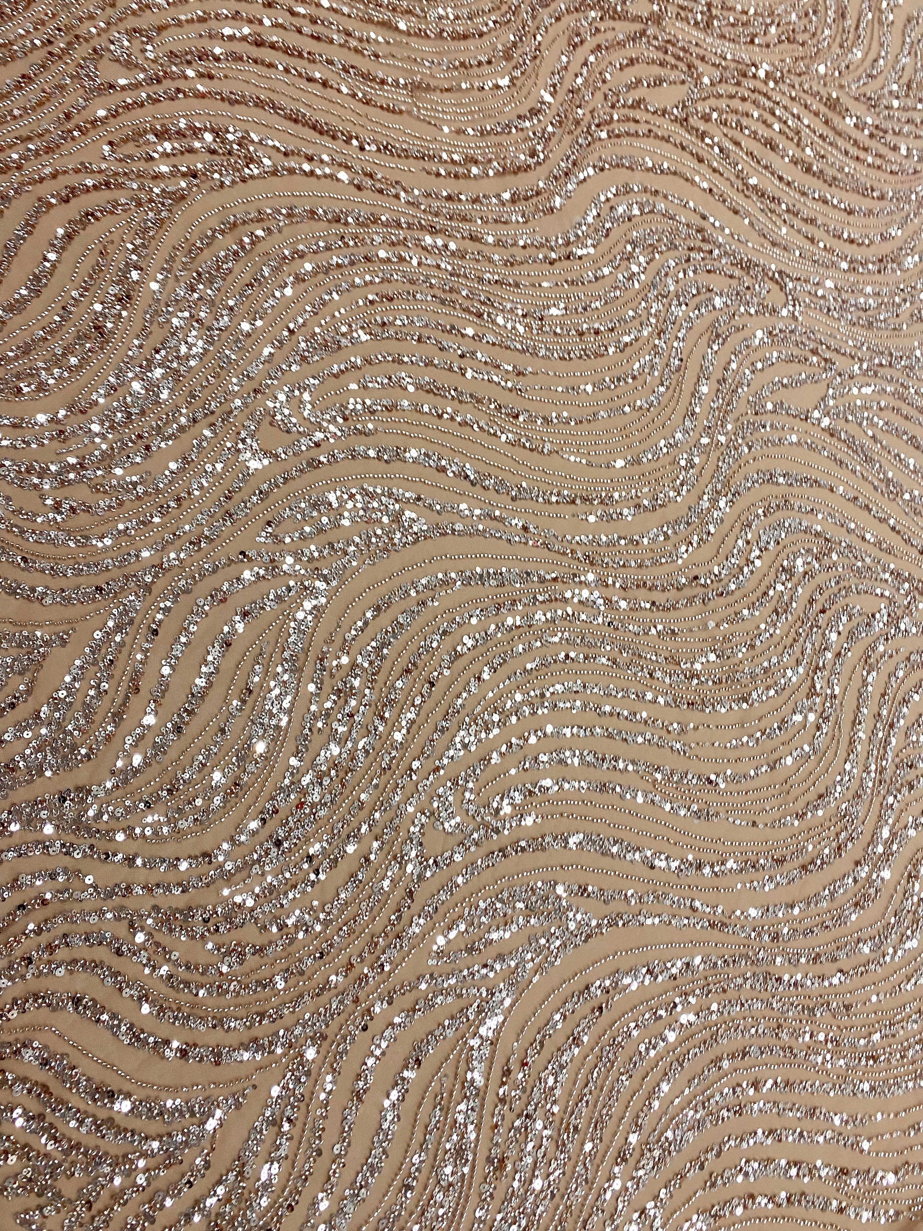 Dantela Couture Auriu Rose cu Model Liniar, cu Margele si Paiete